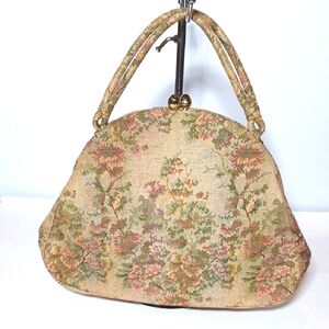 🌸 Vintage Tapestry Floral Purse Cream, Pink & Green Kiss Lock Cottagecore Fairy